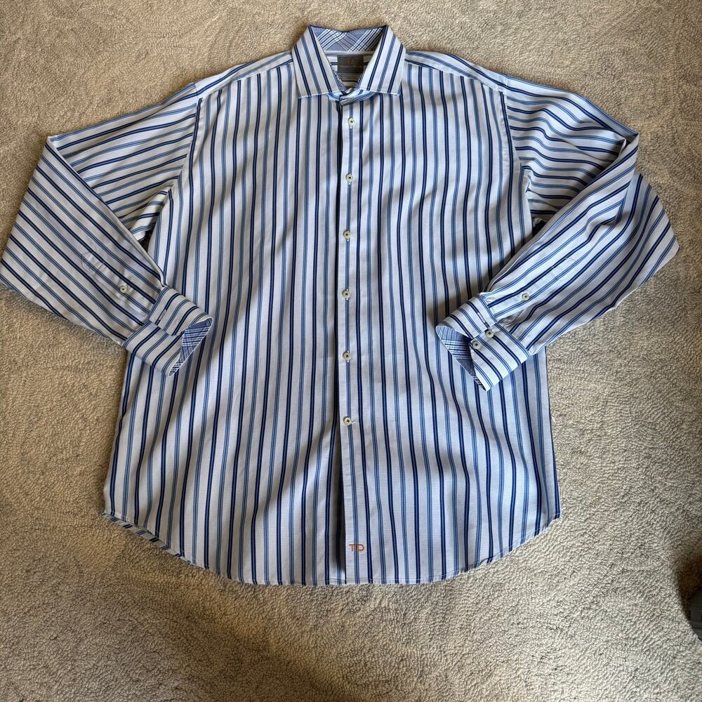 Thomas Dean Men's Blue Stripe 100% Pima Cotton Button Up Shirt Size XL Flip Cuff